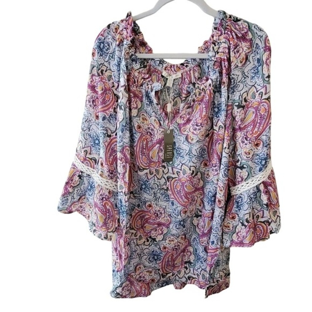Spense Woman Paisley Bell Sleeve Blouse 2X NWT Multi Color Boho Crochet Trim Top